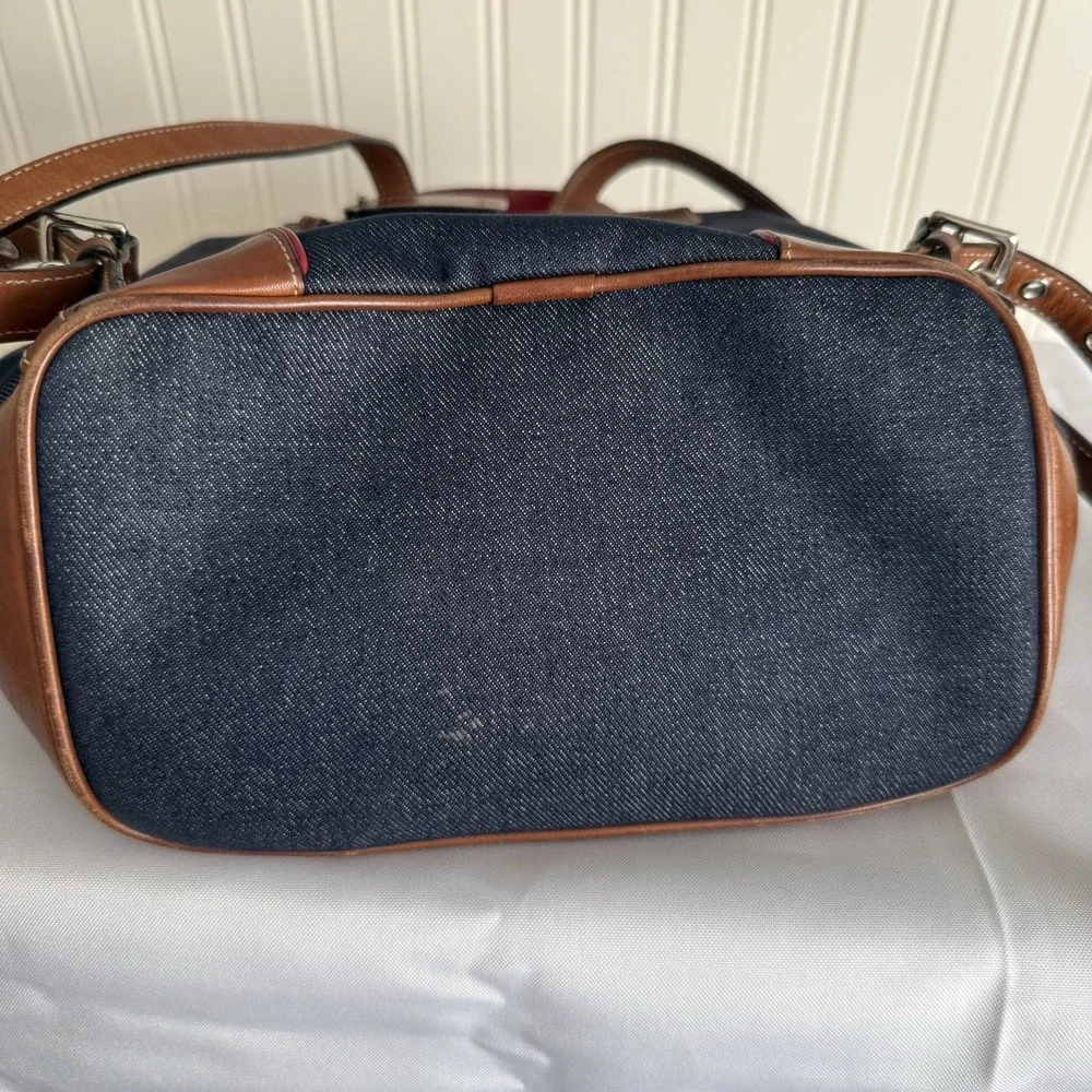 Vintage Coach Denim Blue Chambray Red Brown Leather Trim Backpack Purse 2004